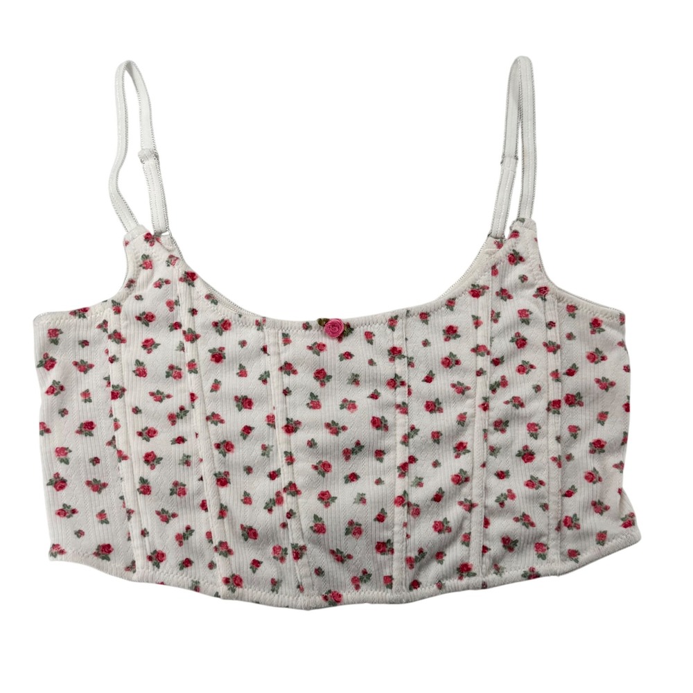 Forever 21 Floral Rose Corset Crop Top Womens Small Ribbed Hook Eye Strap Y2K